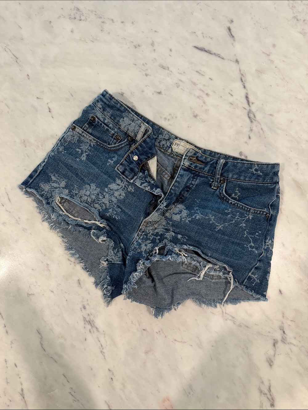 Free People Blue Floral Distressed Denim Shorts